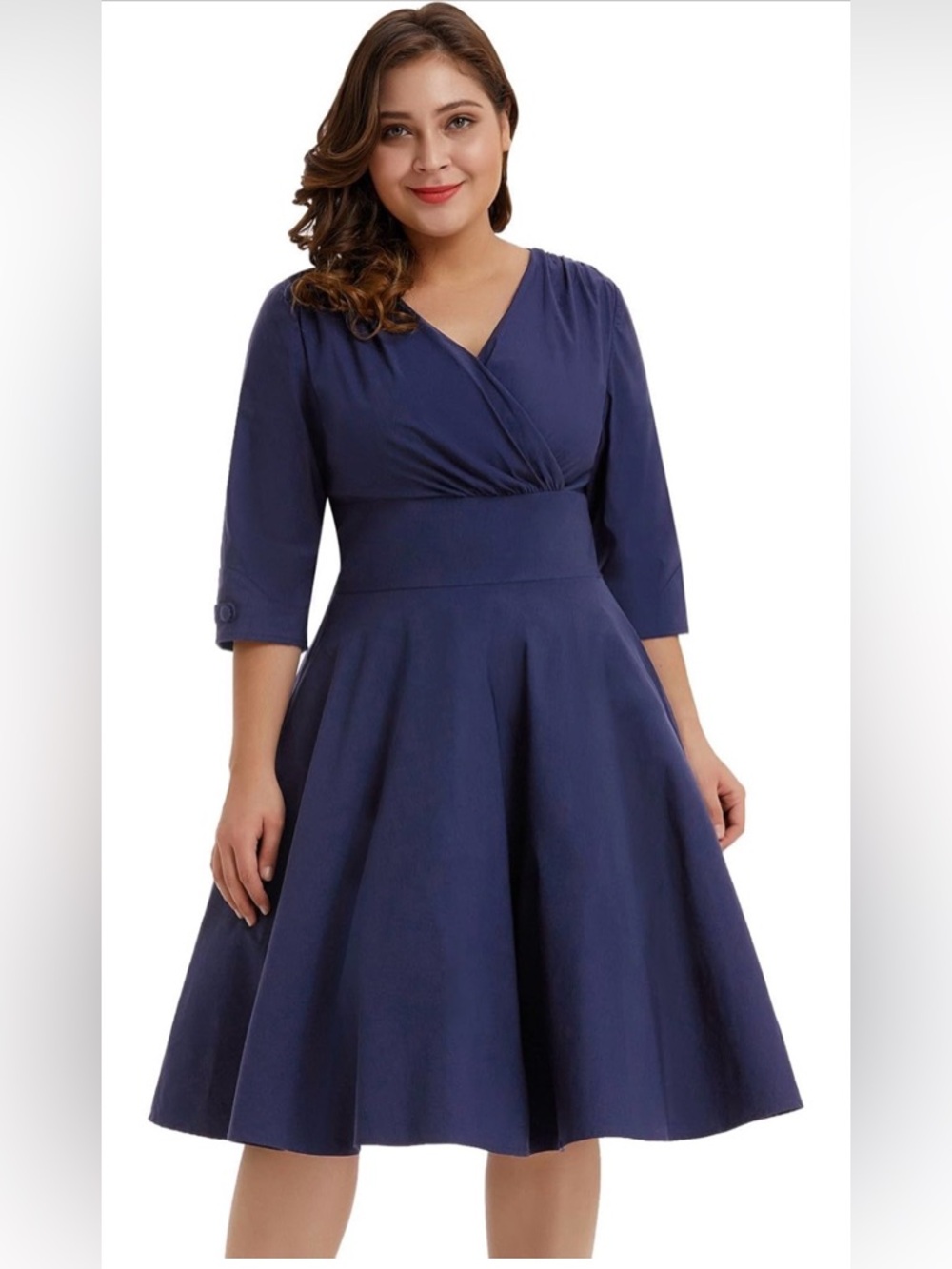 Elegant Navy Wrap-Front Midi Dress with Wide Waistband